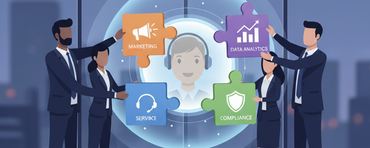 A business team building a custom GPT AI persona by integrating different company functions like marketing and customer service