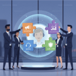 A business team building a custom GPT AI persona by integrating different company functions like marketing and customer service