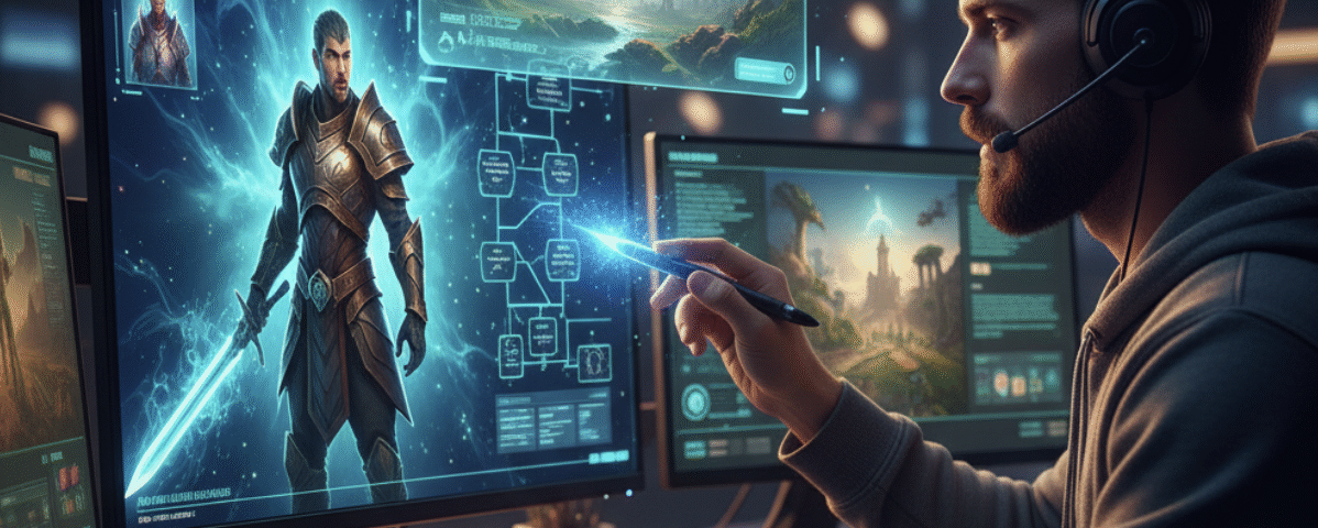 A game designer using an AI co-pilot to generate fantasy characters, quests, and world concepts in a futuristic studio.