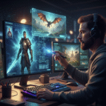 A game designer using an AI co-pilot to generate fantasy characters, quests, and world concepts in a futuristic studio.