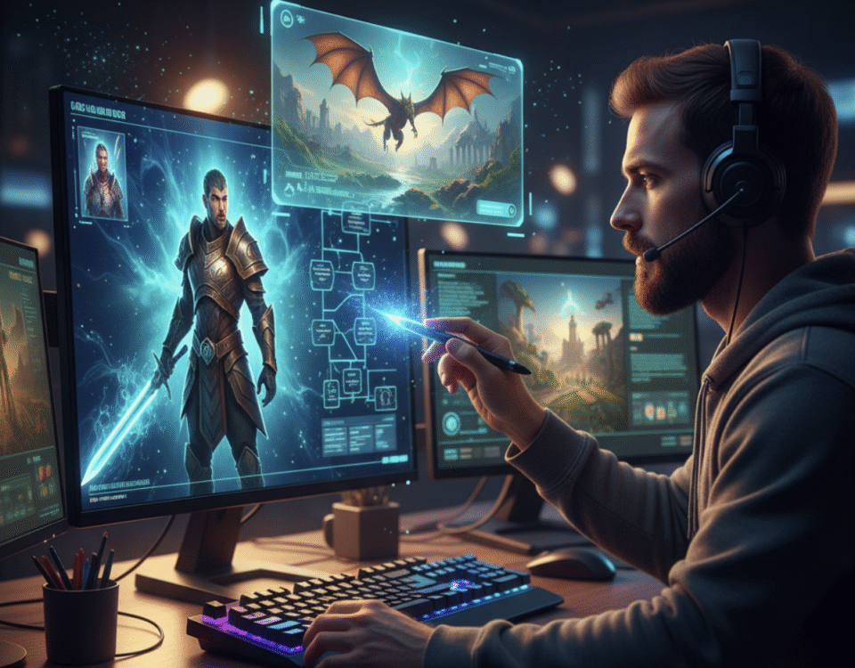 A game designer using an AI co-pilot to generate fantasy characters, quests, and world concepts in a futuristic studio.