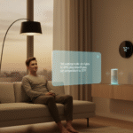 A person in a futuristic living room uses a holographic interface with the precise command 'Set evening mode dim lights to 40%, play smooth jazz, set temperature to 72F to control their smart home devices