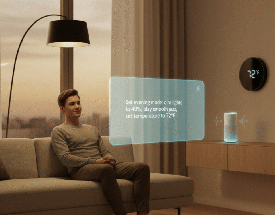 A person in a futuristic living room uses a holographic interface with the precise command 'Set evening mode dim lights to 40%, play smooth jazz, set temperature to 72F to control their smart home devices
