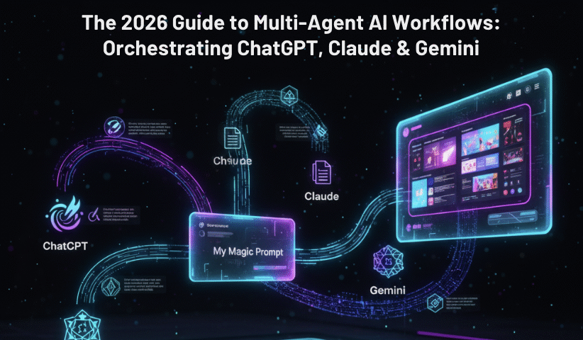 A futuristic dashboard for multi-agent AI workflows, showing My Magic Prompt orchestrating data streams between ChatGPT, Claude, and Gemini