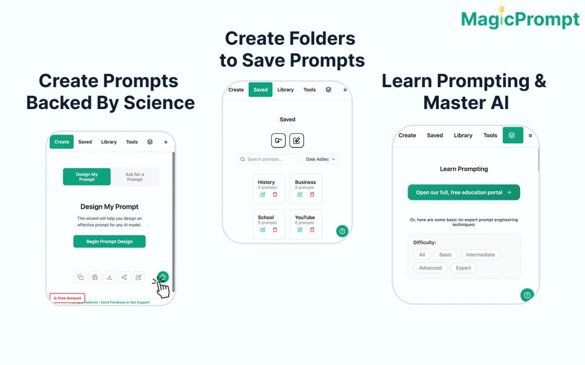 Organized library of saved AI prompts in My Magic Prompt | AI tools for prompt engineering
