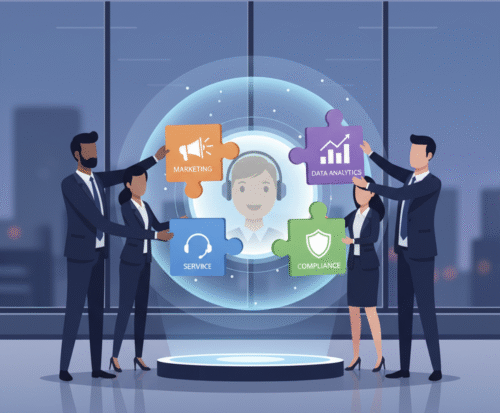 A business team building a custom GPT AI persona by integrating different company functions like marketing and customer service