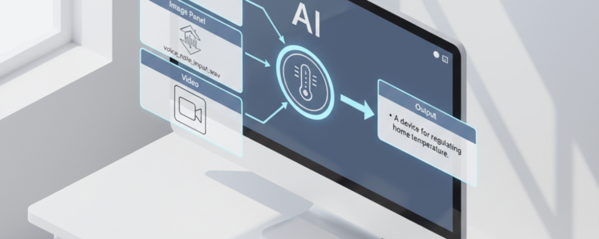 A conceptual diagram showing a multi-modal AI interface with four input panels for text, an image of a thermostat, audio, and video, processing into a single text output.