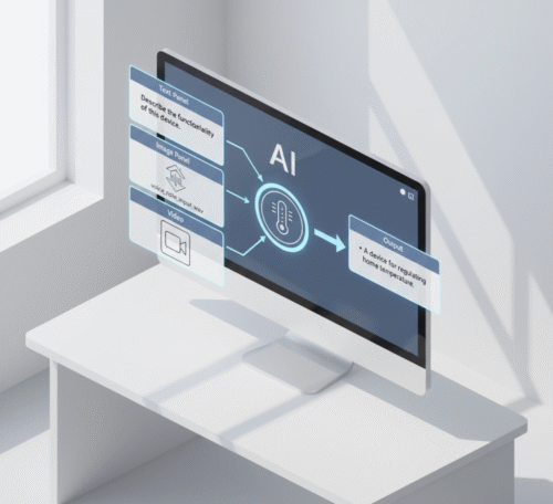 A conceptual diagram showing a multi-modal AI interface with four input panels for text, an image of a thermostat, audio, and video, processing into a single text output.