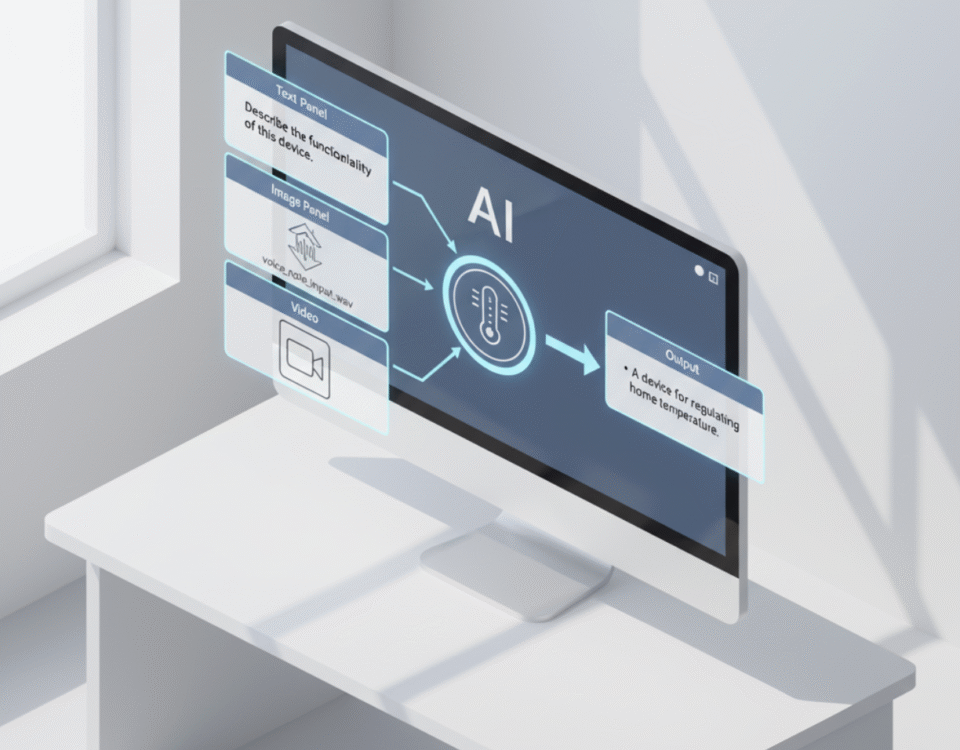 A conceptual diagram showing a multi-modal AI interface with four input panels for text, an image of a thermostat, audio, and video, processing into a single text output.