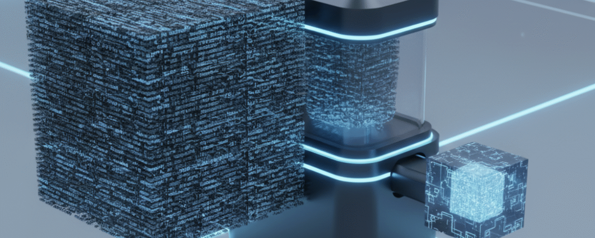 A conceptual illustration of AI prompt compression, transforming a large block of text into a compact, information-dense crystal