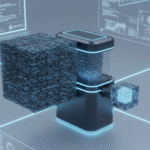 A conceptual illustration of AI prompt compression, transforming a large block of text into a compact, information-dense crystal