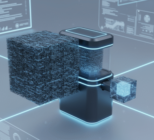 A conceptual illustration of AI prompt compression, transforming a large block of text into a compact, information-dense crystal