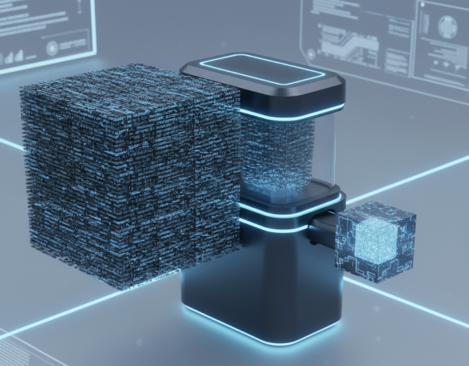 A conceptual illustration of AI prompt compression, transforming a large block of text into a compact, information-dense crystal