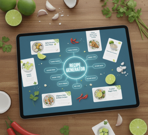 A digital brainstorming board where AI generates recipe ideas around a set of ingredients.