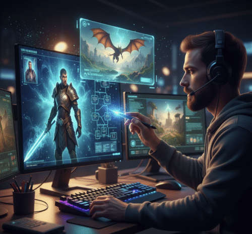 A game designer using an AI co-pilot to generate fantasy characters, quests, and world concepts in a futuristic studio.