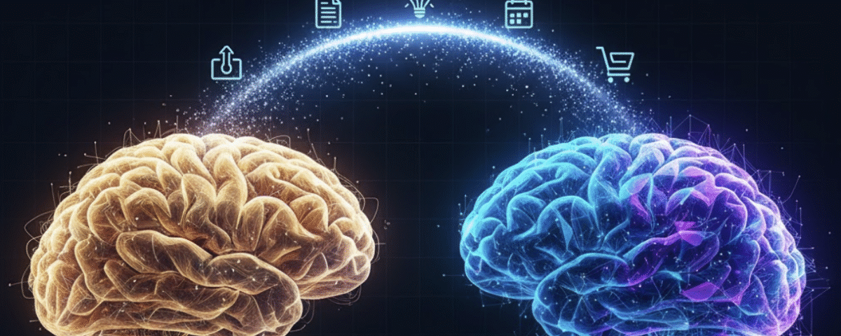 A metaphor showing the connection between a human brain and an AI-powered digital second brain.