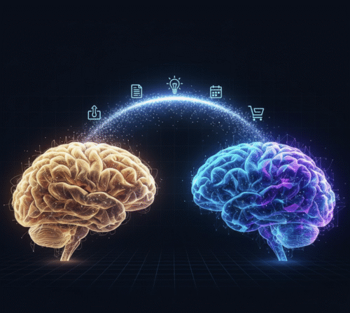 A metaphor showing the connection between a human brain and an AI-powered digital second brain.