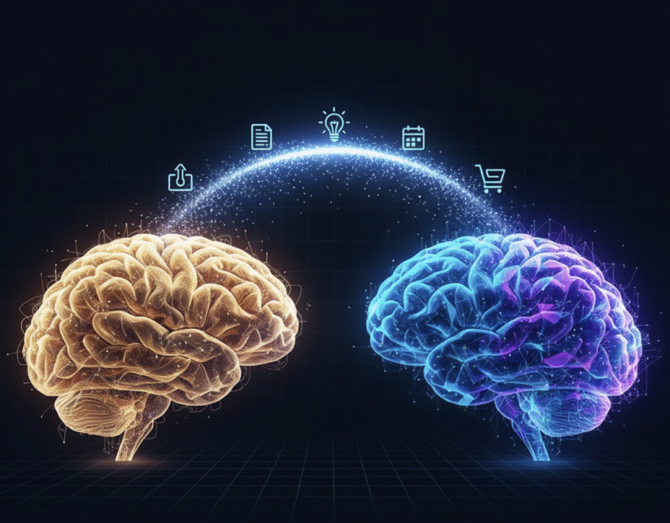 A metaphor showing the connection between a human brain and an AI-powered digital second brain.