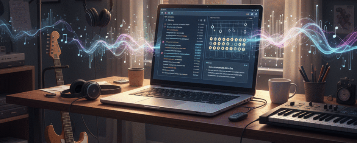 A musician using an AI assistant to generate lyrics, chord progressions, and marketing copy in a modern home studio