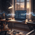 A musician using an AI assistant to generate lyrics, chord progressions, and marketing copy in a modern home studio