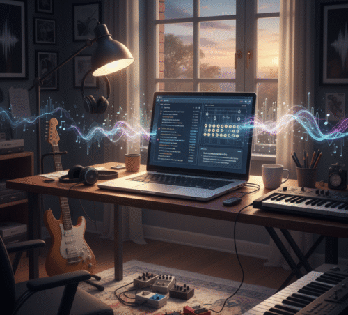 A musician using an AI assistant to generate lyrics, chord progressions, and marketing copy in a modern home studio