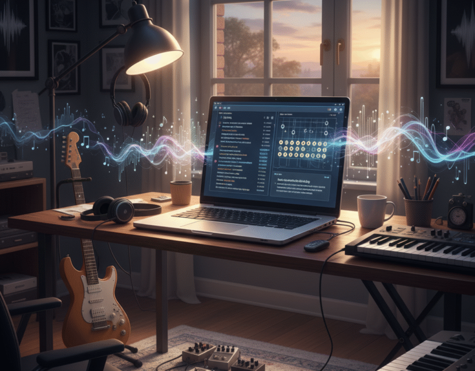 A musician using an AI assistant to generate lyrics, chord progressions, and marketing copy in a modern home studio