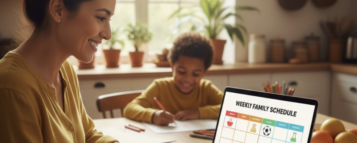 A parent using an AI assistant to manage a balanced family schedule with educational activities and logistics