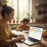 A parent using an AI assistant to manage a balanced family schedule with educational activities and logistics