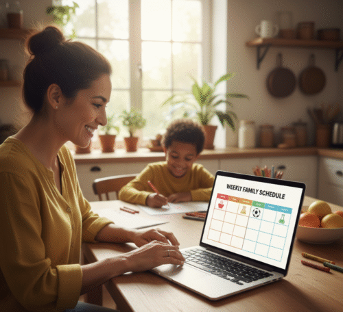 A parent using an AI assistant to manage a balanced family schedule with educational activities and logistics