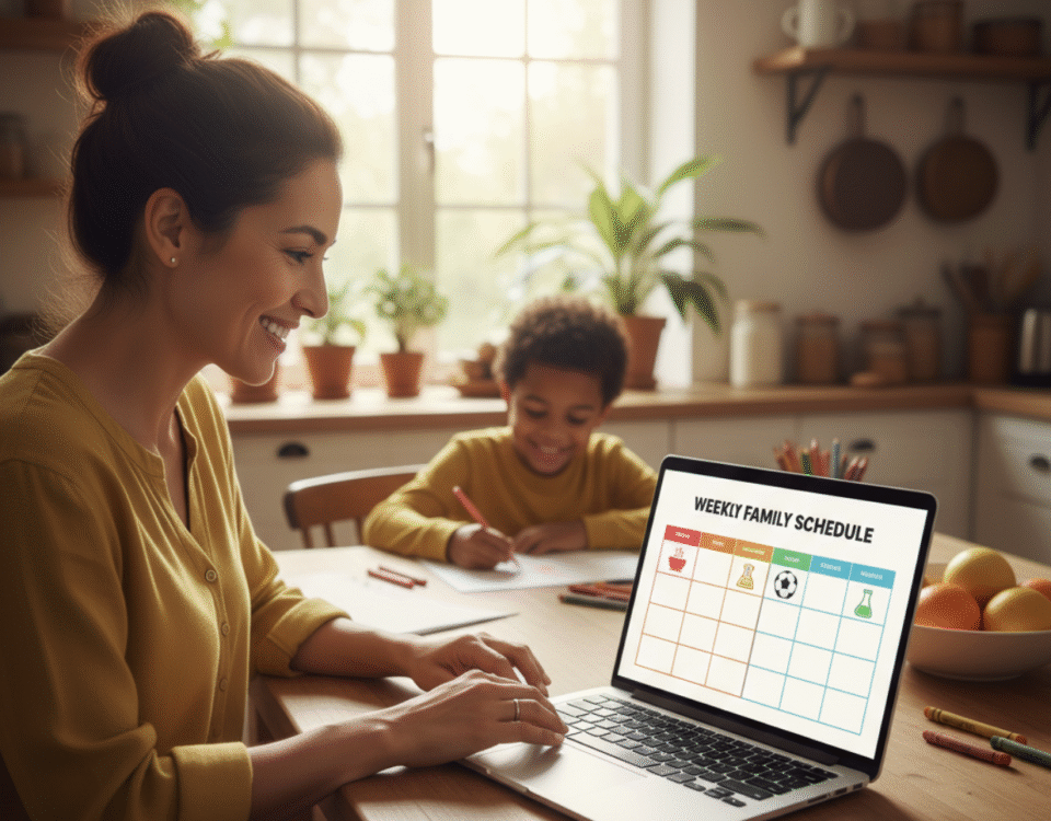 A parent using an AI assistant to manage a balanced family schedule with educational activities and logistics