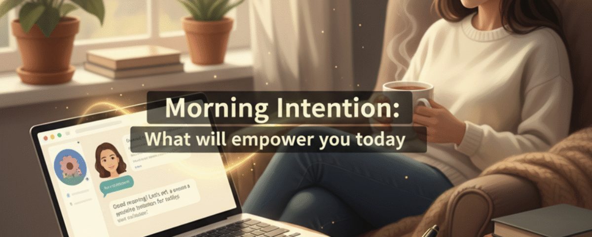 A person beginning their day with a mindful journaling session, guided by a supportive AI assistant