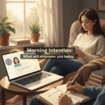 A person beginning their day with a mindful journaling session, guided by a supportive AI assistant