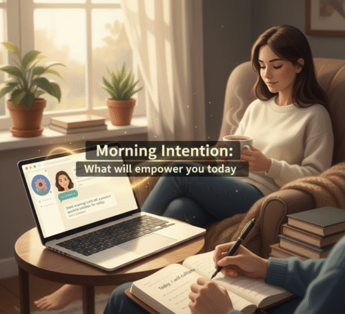 A person beginning their day with a mindful journaling session, guided by a supportive AI assistant
