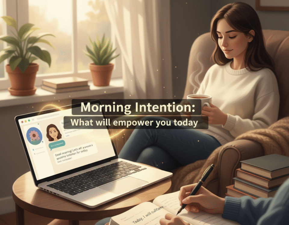 A person beginning their day with a mindful journaling session, guided by a supportive AI assistant