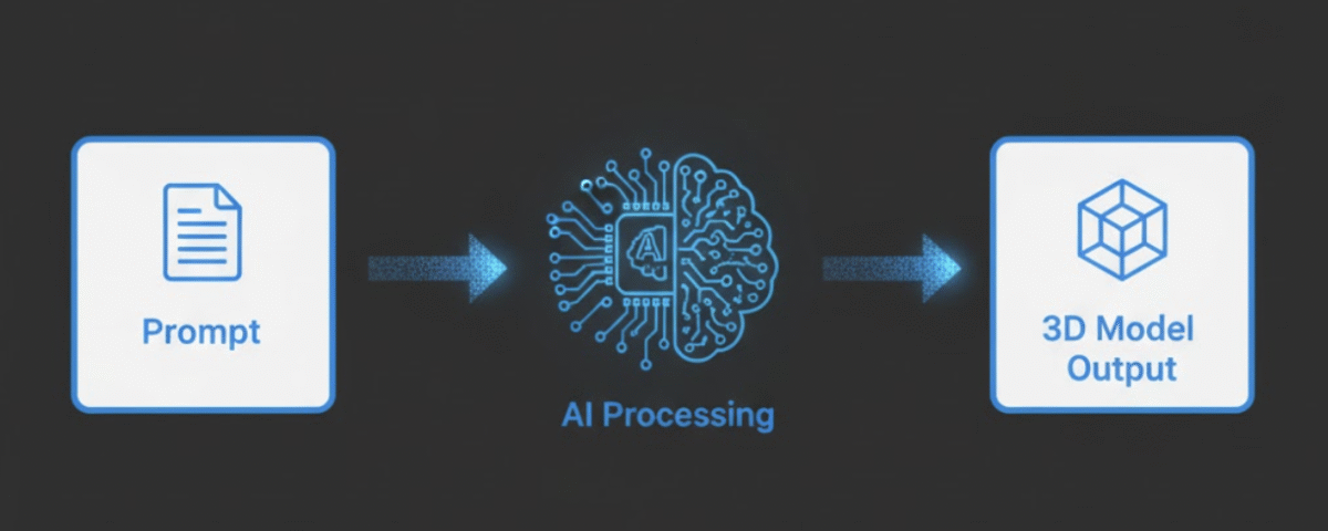 A simple diagram illustrating the AI 3D generation workflow from prompt to model.