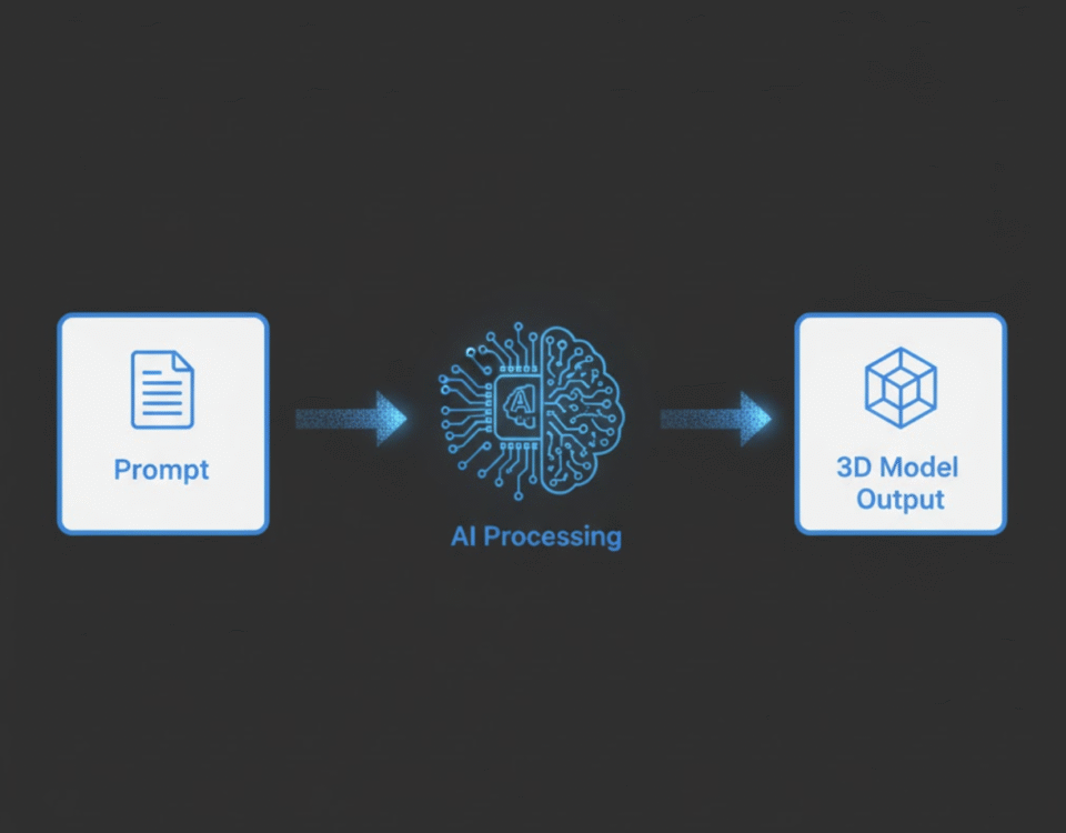 A simple diagram illustrating the AI 3D generation workflow from prompt to model.