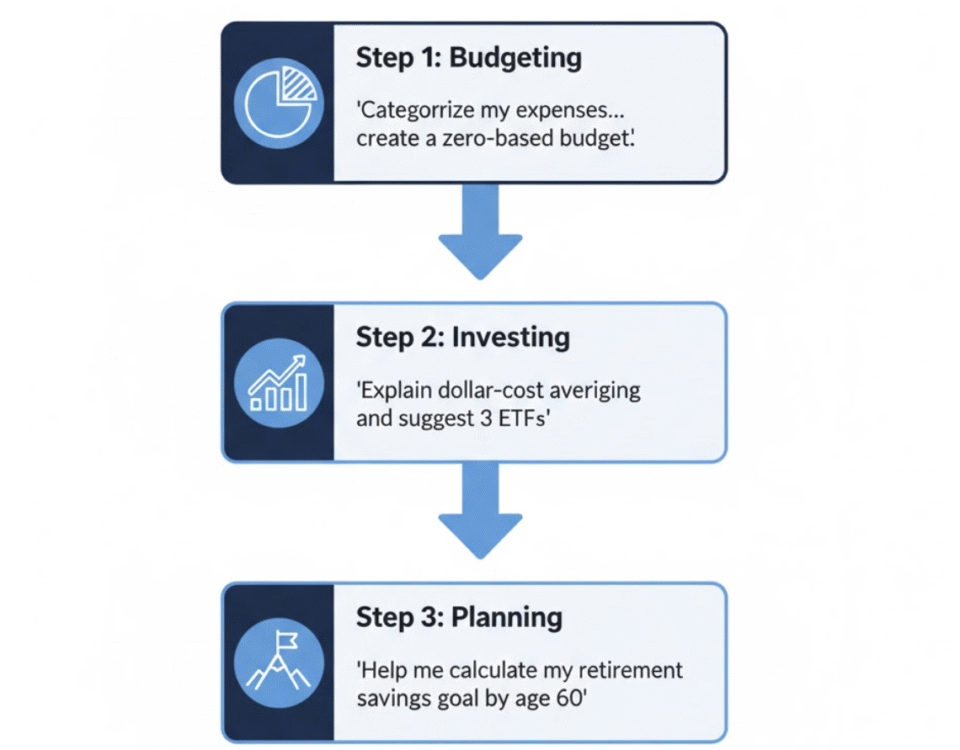 A simple flowchart showing how different AI prompts build a complete financial plan