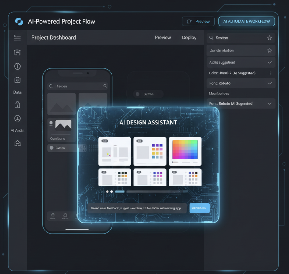 AI-assisted app creation interface in Bubble showing automated UI generation