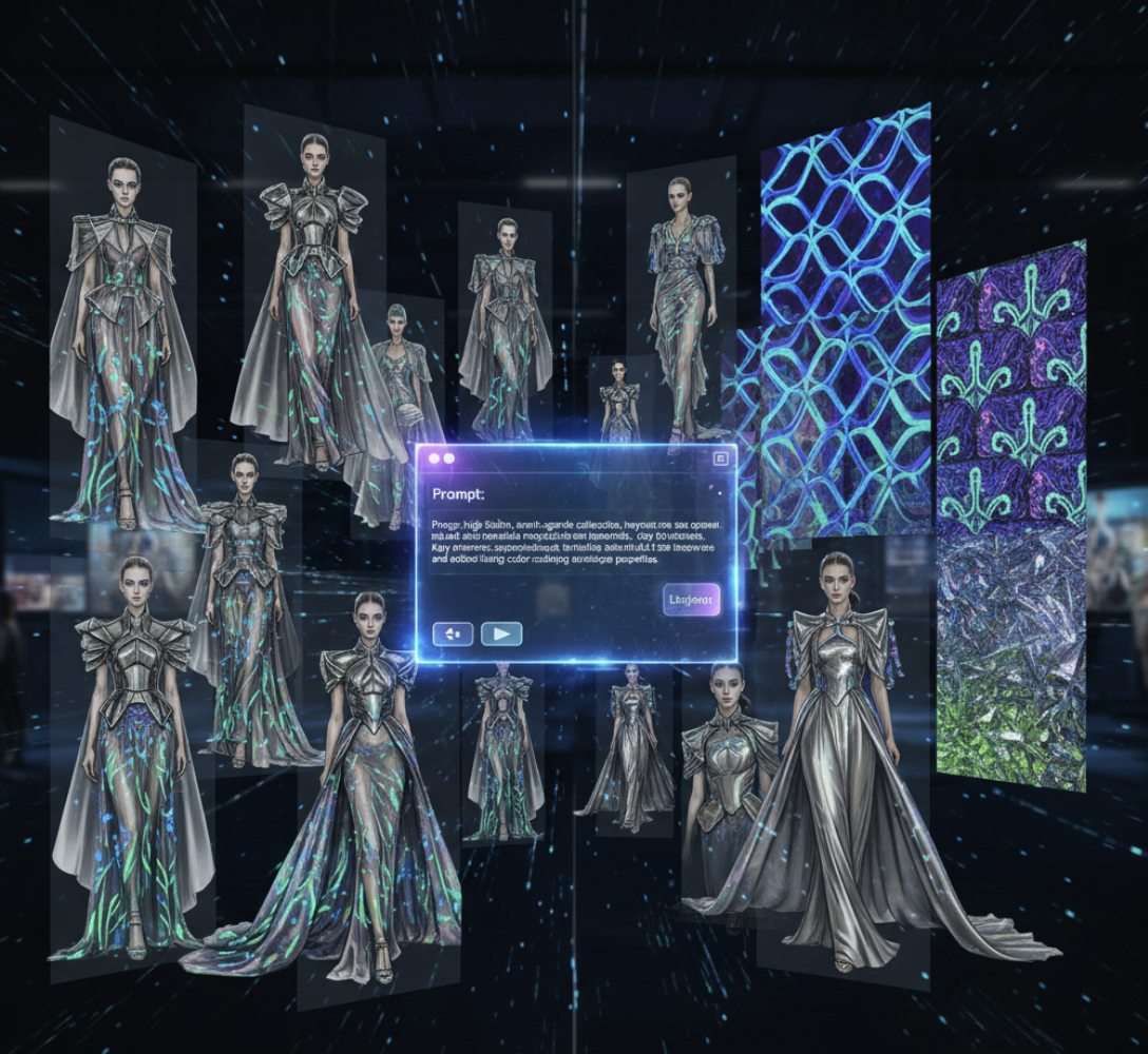 AI-assisted fashion design sketches and trend forecasting visuals