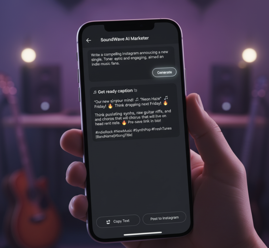 AI-generated music marketing caption displayed on phone