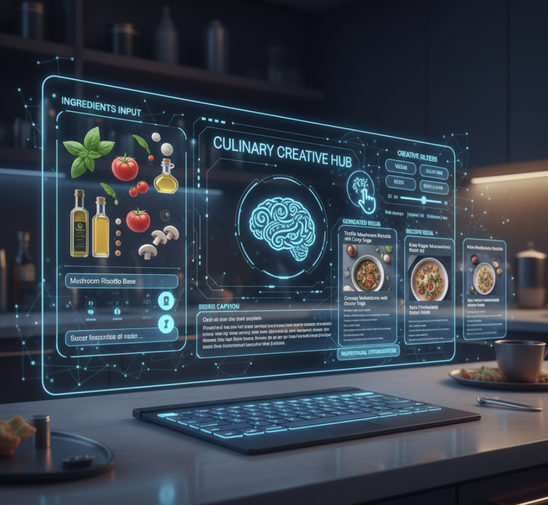 AI-generated recipe brainstorming board with ingredients and digital recipe cards