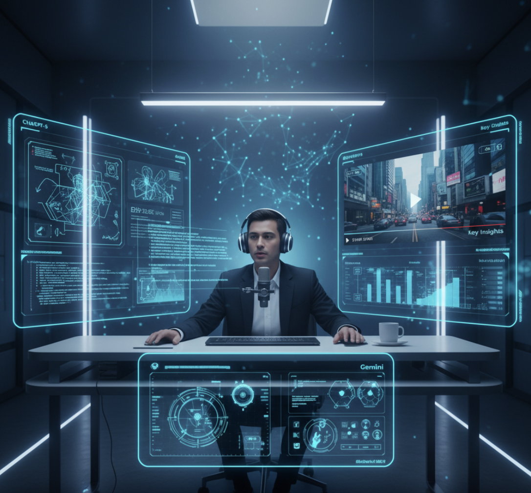 AI multi-modal workspace with text, images, and audio prompts displayed
