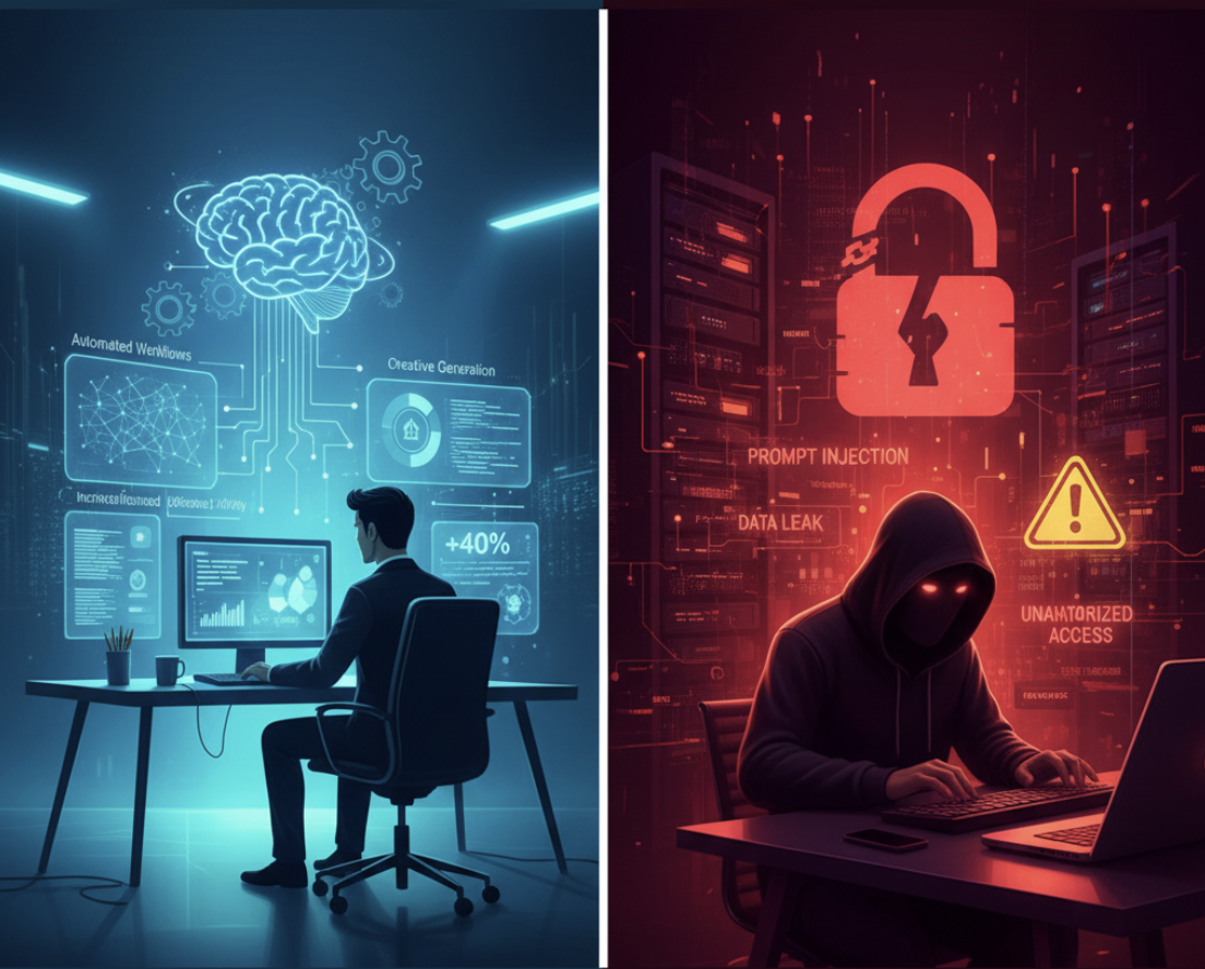 AI prompt productivity vs. data security risk illustration