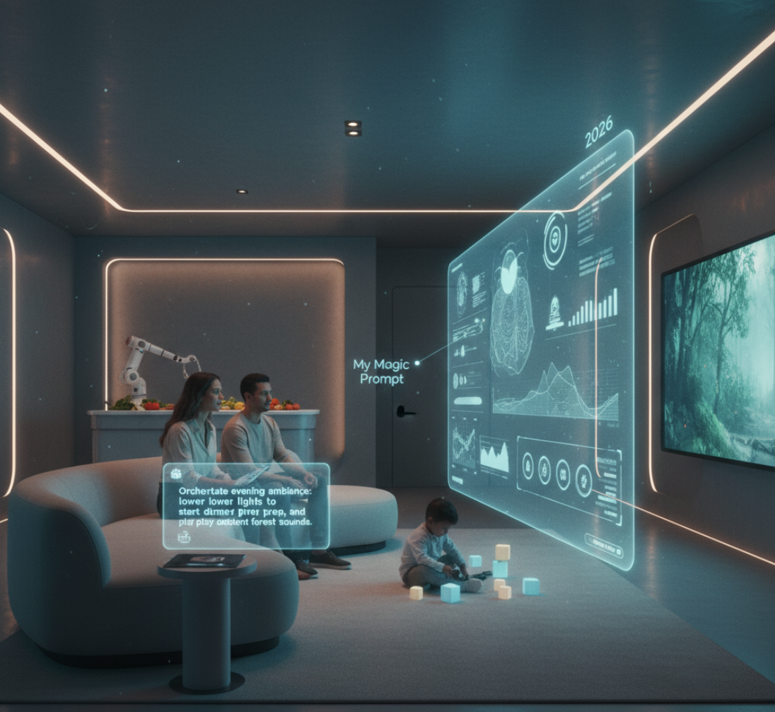 AI smart home prompt controlling lights, appliances, and entertainment in a futuristic living room.