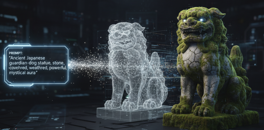AI transforming a text prompt into a 3D model visualization