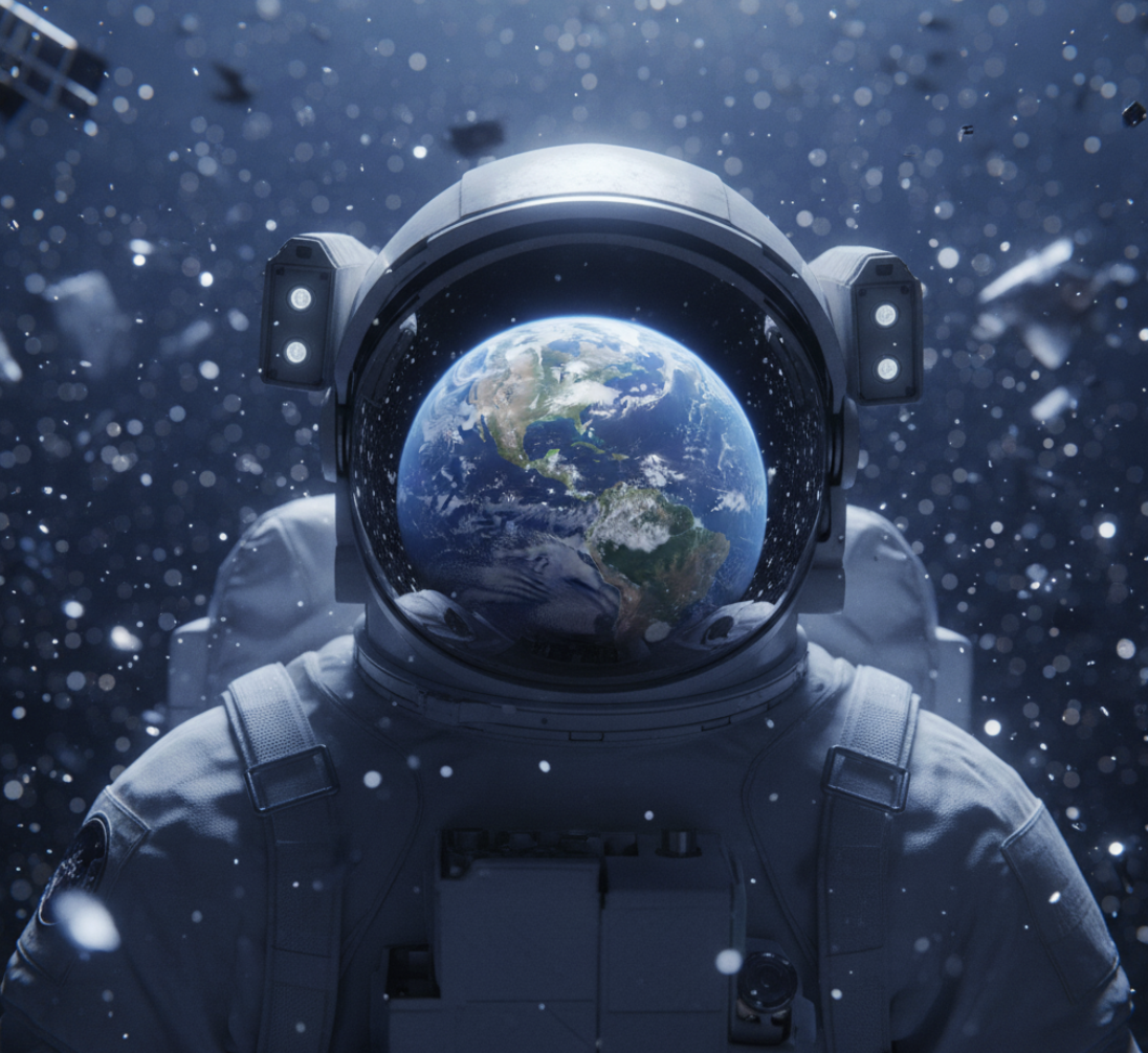 AI video still of astronaut floating in space with Earth reflection.