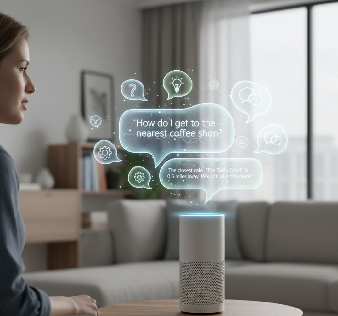 AI voice agent prompts powering natural conversation with a smart speaker.