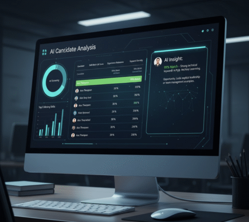 An AI recruitment dashboard analyzing and scoring candidate resumes.