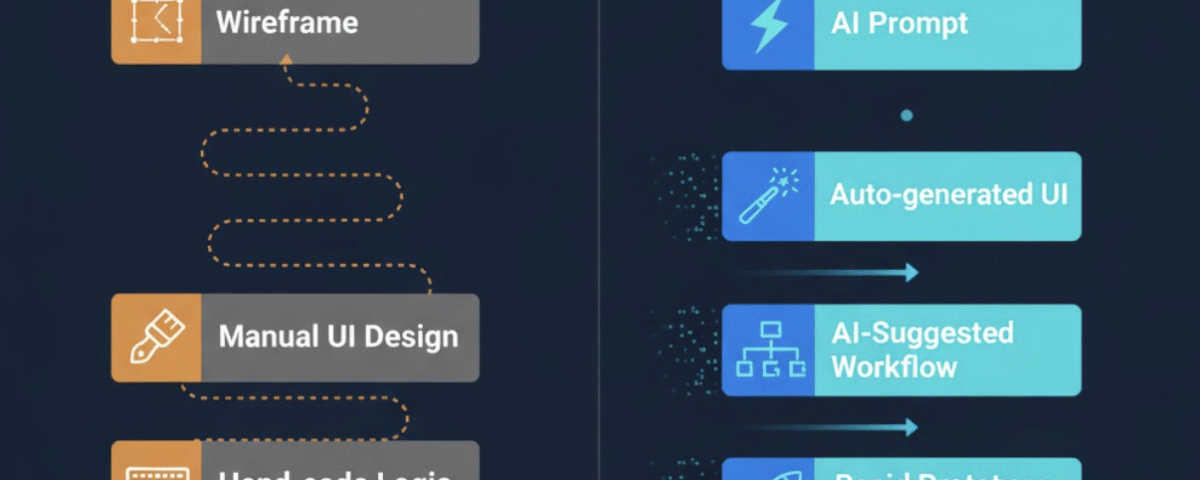 An infographic comparing the lengthy traditional development process to the streamlined AI-assisted no-code workflow