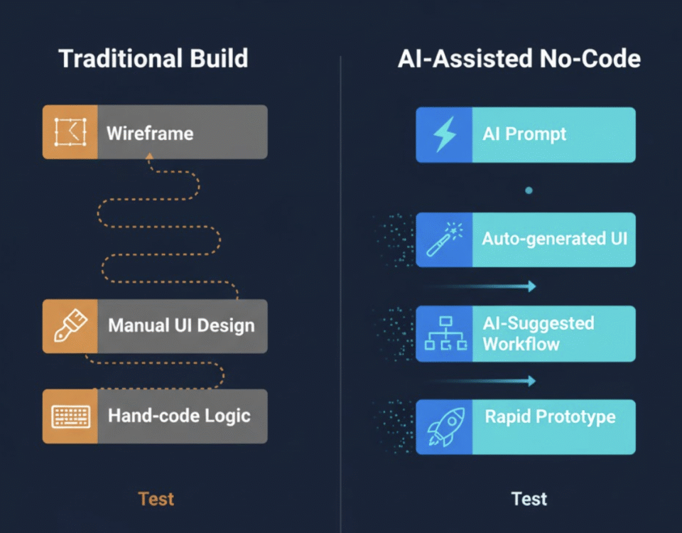 An infographic comparing the lengthy traditional development process to the streamlined AI-assisted no-code workflow